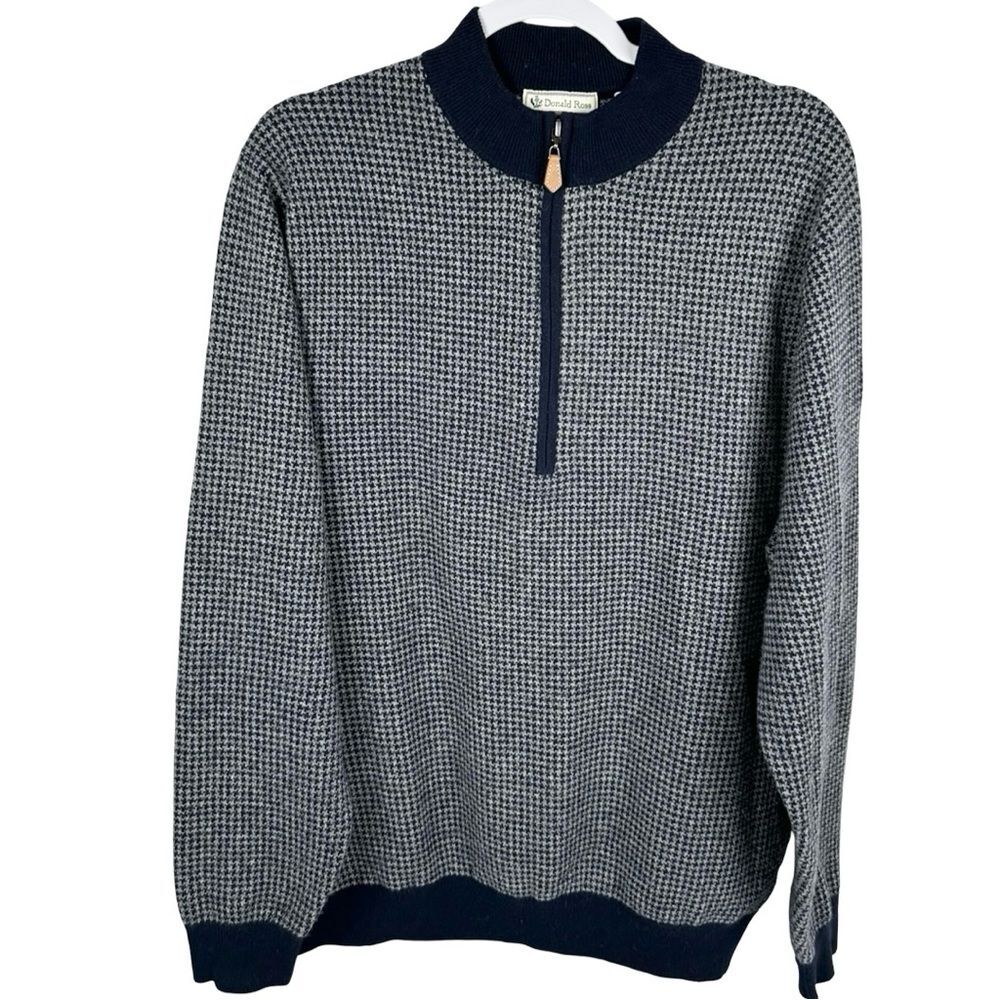 Donald Ross Navy 100% Lambswool Houndstooth Half Zip Sweater Men’s Size Large